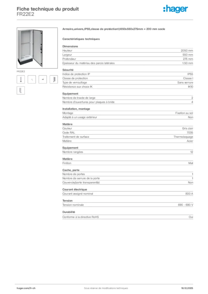 Image Hager Fiche technique du produit FR22E2 | Hager Suisse