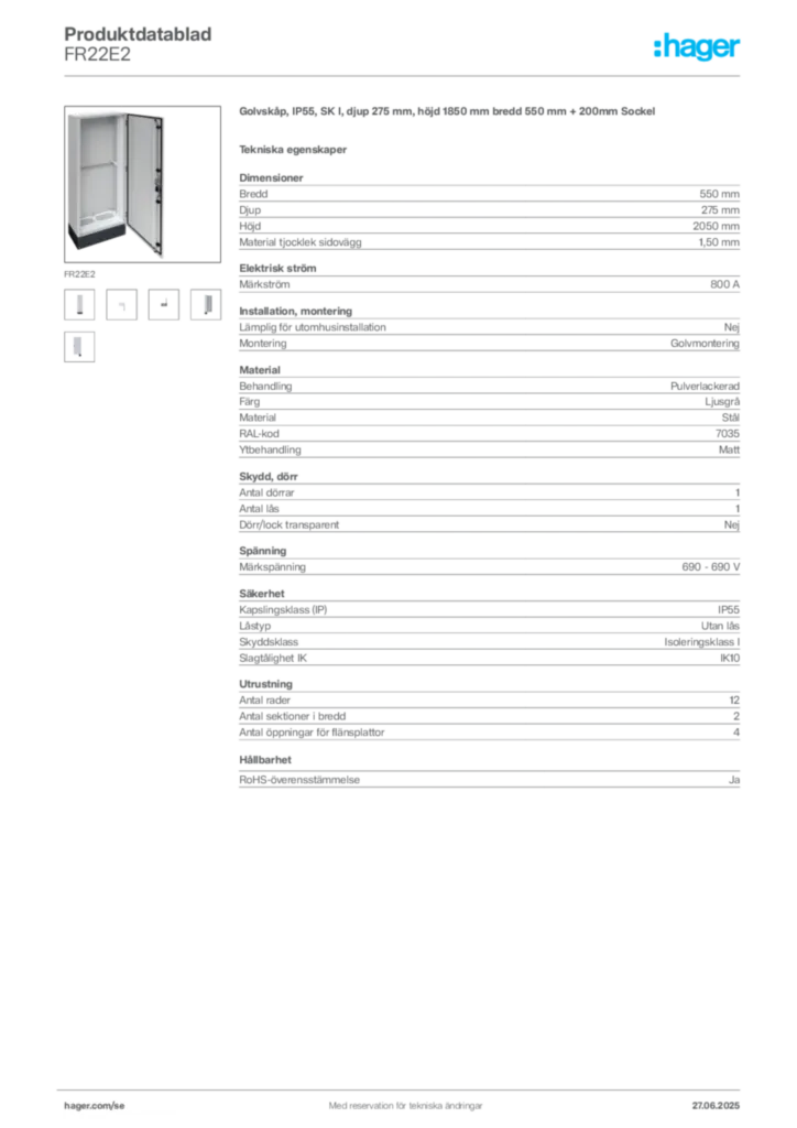 Bild Hager Produktdatablad FR22E2 | Hager Sverige