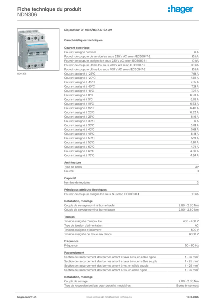 Image Hager Fiche technique du produit NDN306 | Hager Suisse