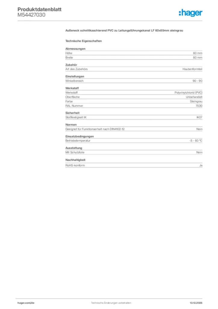 Bild Hager Produktdatenblatt M54427030 | Hager Deutschland