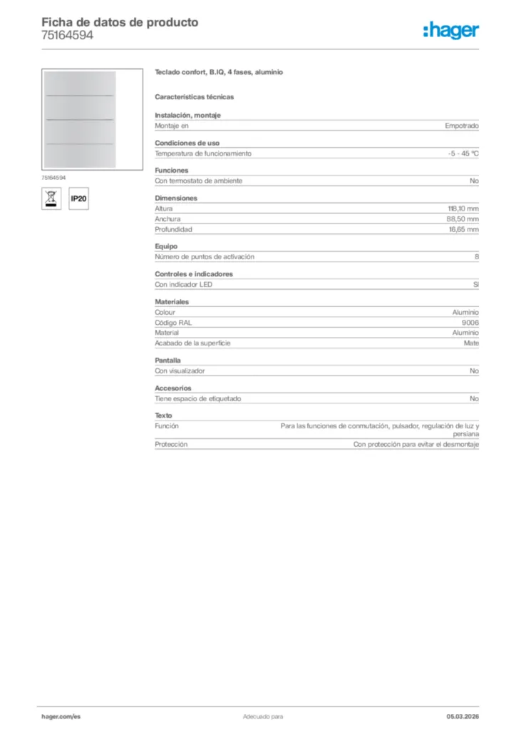 Imagen Hager Ficha de datos de producto 75164594 | Hager España