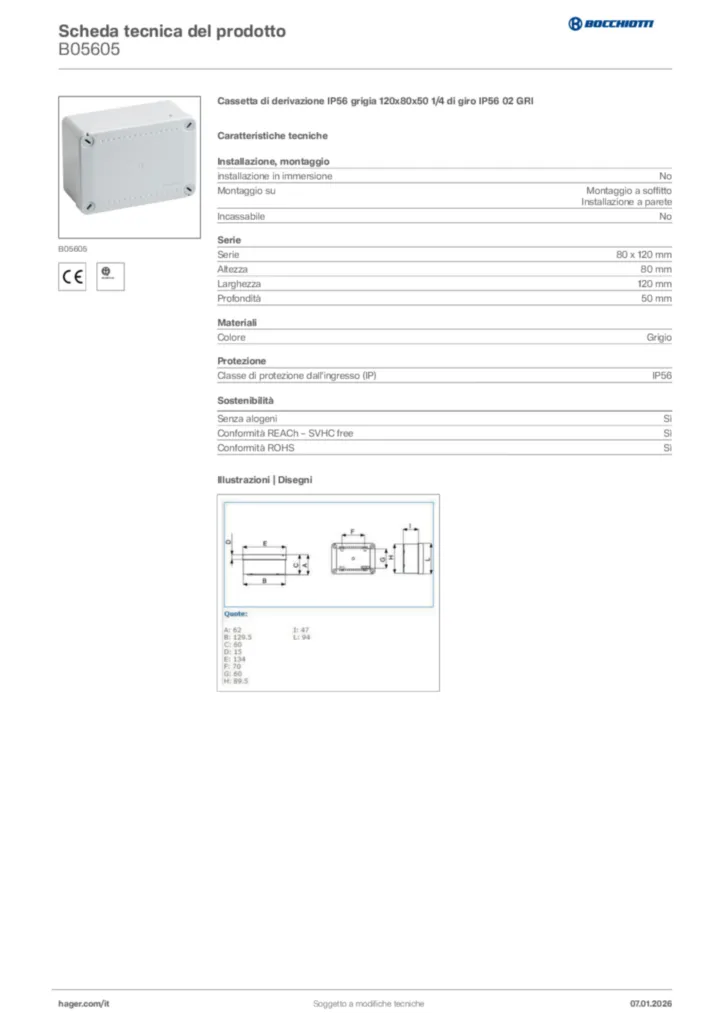 Immagine Bocchiotti Scheda tecnica del prodotto B05605 | Hager Italia