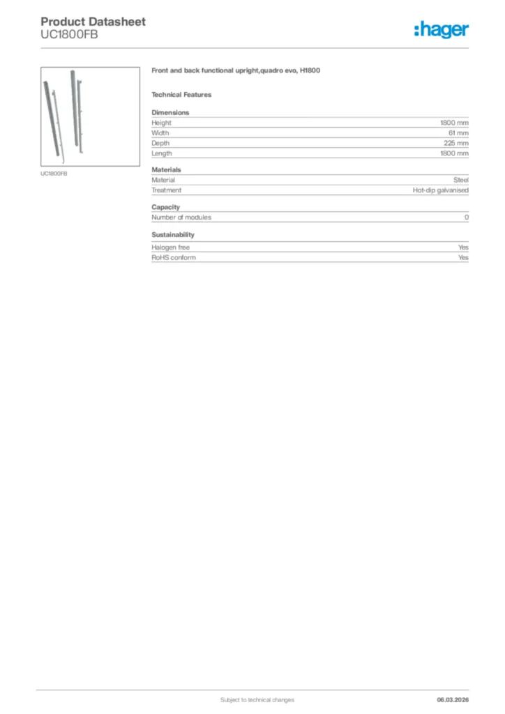 Image Hager Product data sheet UC1800FB  | Hager Africa