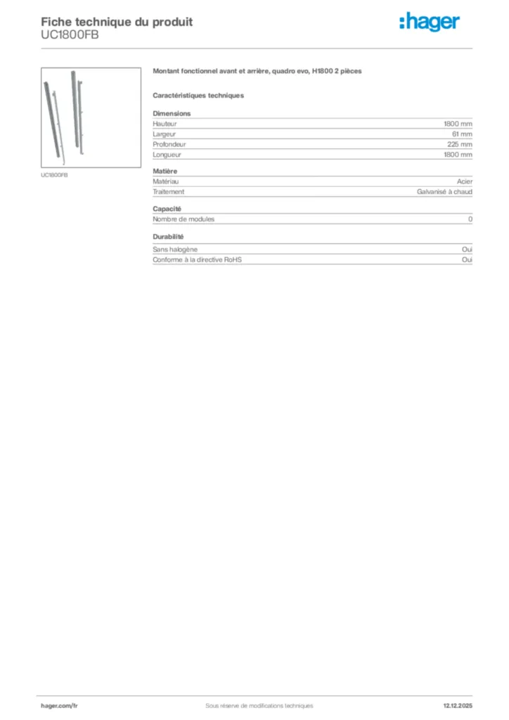 Image Hager Fiche technique du produit UC1800FB | Hager France