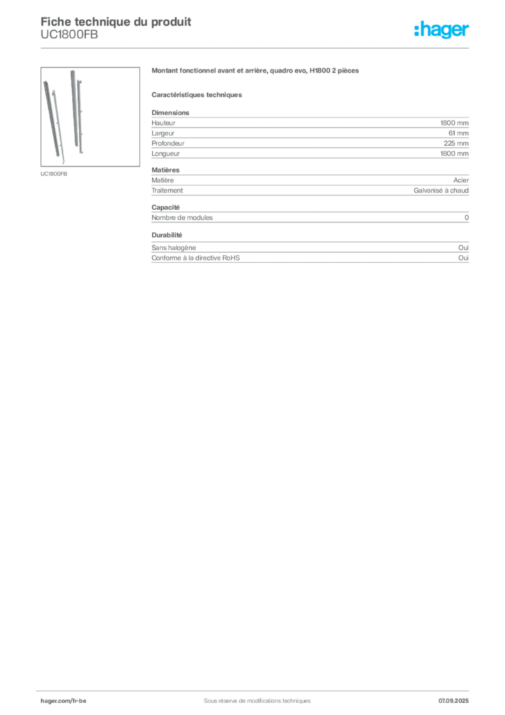 Image Hager Fiche technique du produit UC1800FB | Hager Belgique