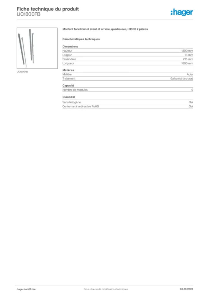 Image Hager Fiche technique du produit UC1800FB | Hager Belgique