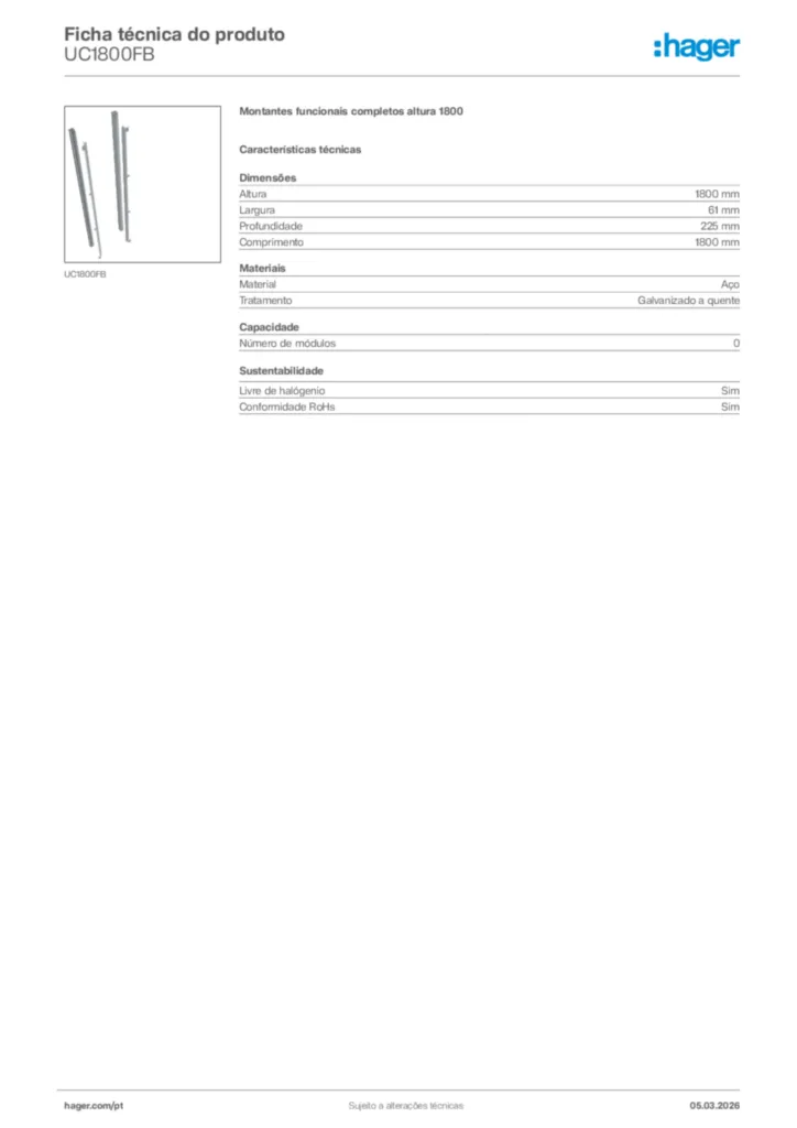 Imagem Hager Ficha técnica do produto UC1800FB | Hager Portugal