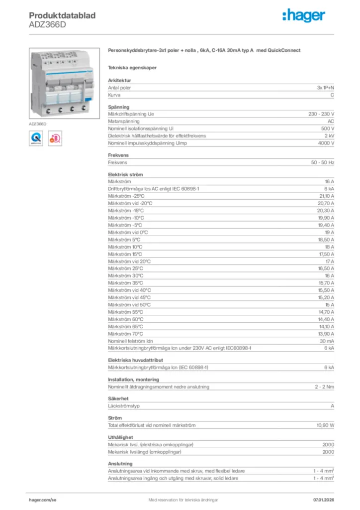 Bild Hager Produktdatablad ADZ366D | Hager Sverige