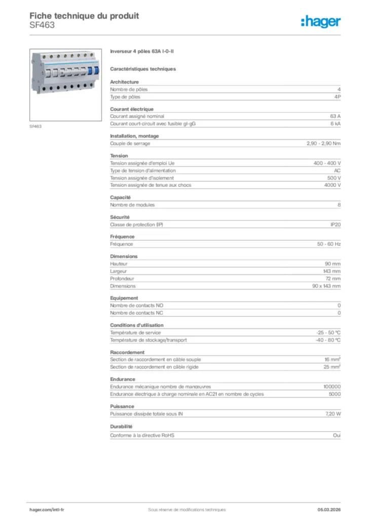 Image Hager Fiche technique du produit SF463 | Hager Afrique