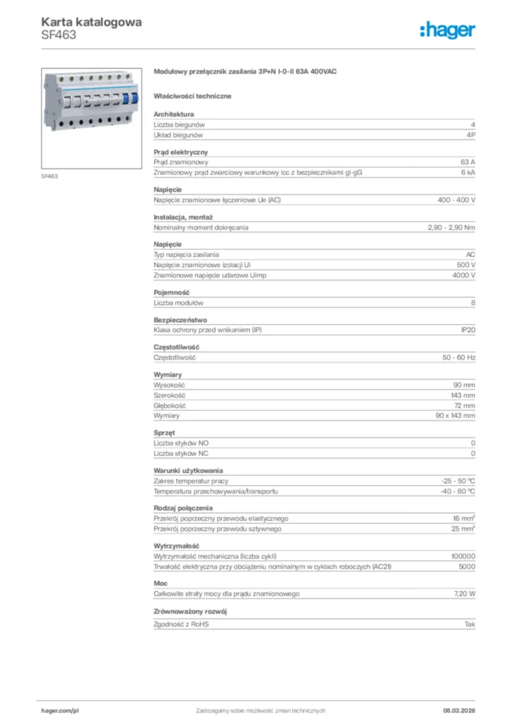 Zdjęcie Hager Karta katalogowa SF463 | Hager Polska