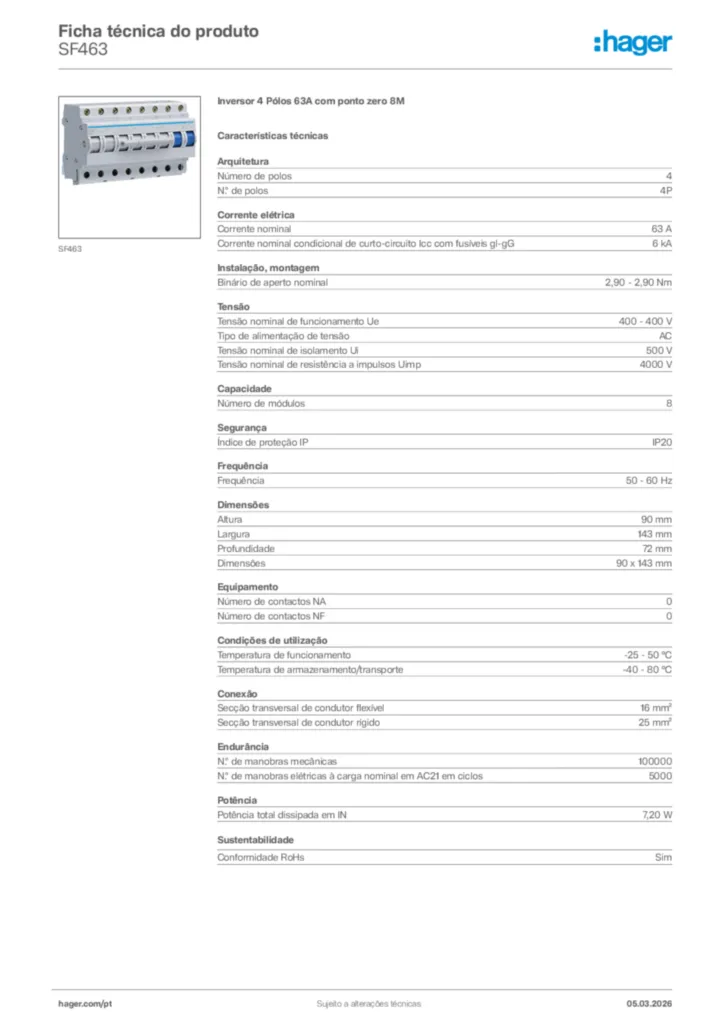 Imagem Hager Ficha técnica do produto SF463 | Hager Portugal