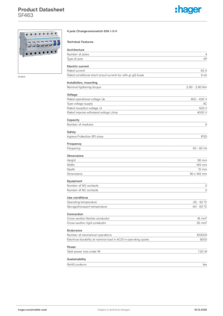 Image Hager Product data sheet SF463  | Hager