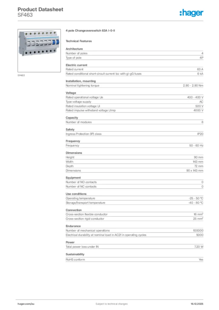 Image Hager Product data sheet SF463  | Hager Australia