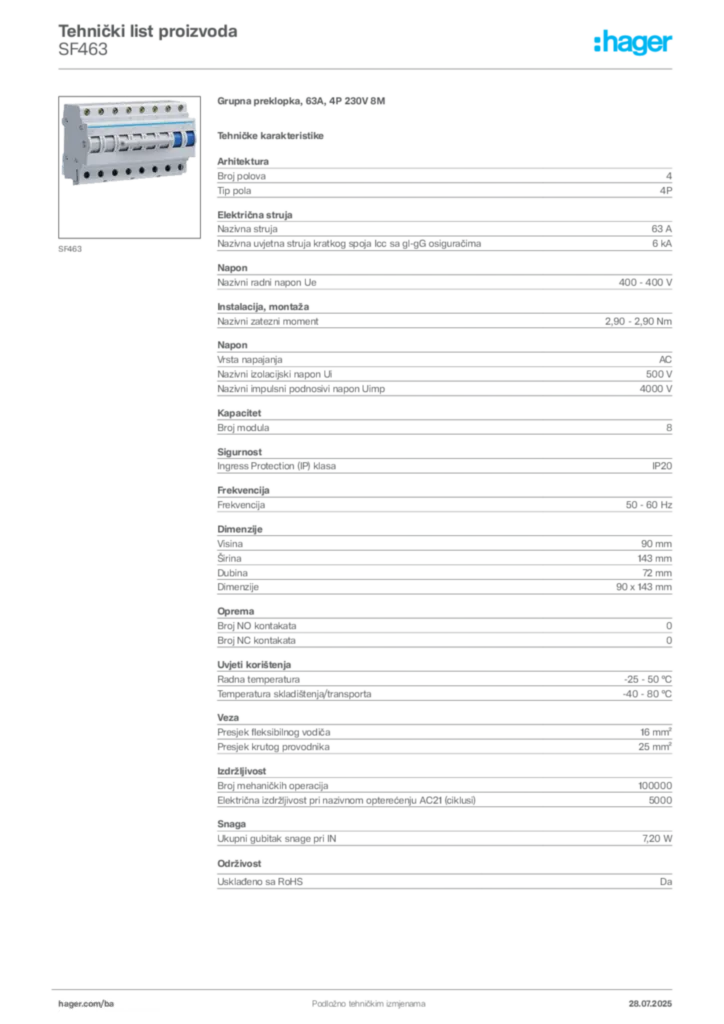 Slika Hager Product data sheet SF463  | Hager