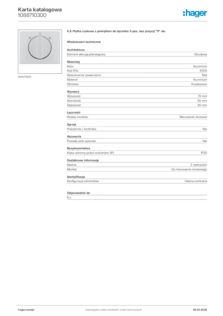 Zdjęcie Hager Karta katalogowa 1088710300 | Hager Polska