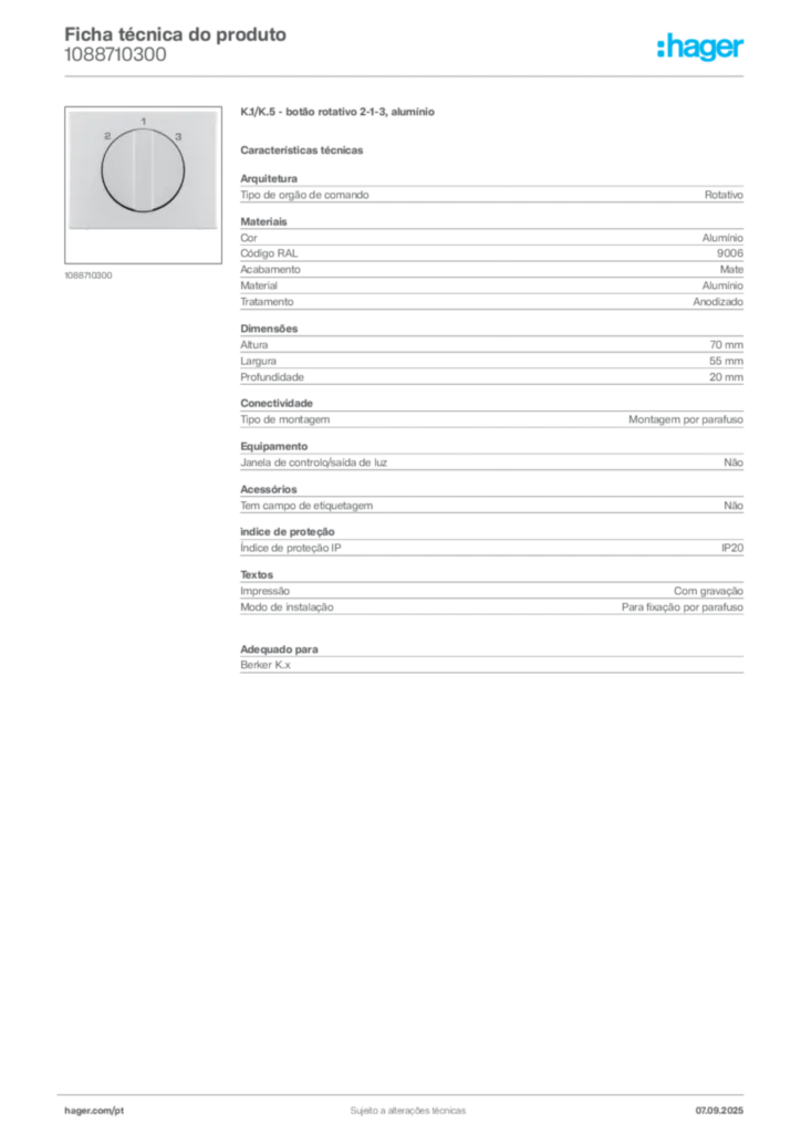 Imagem Hager Ficha técnica do produto 1088710300 | Hager Portugal