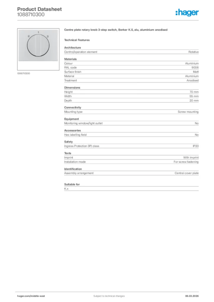 Image Hager Product data sheet 1088710300  | Hager