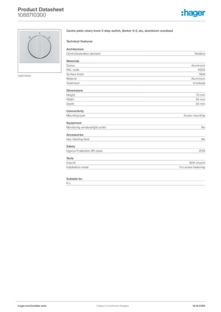 Image Hager Product data sheet 1088710300  | Hager
