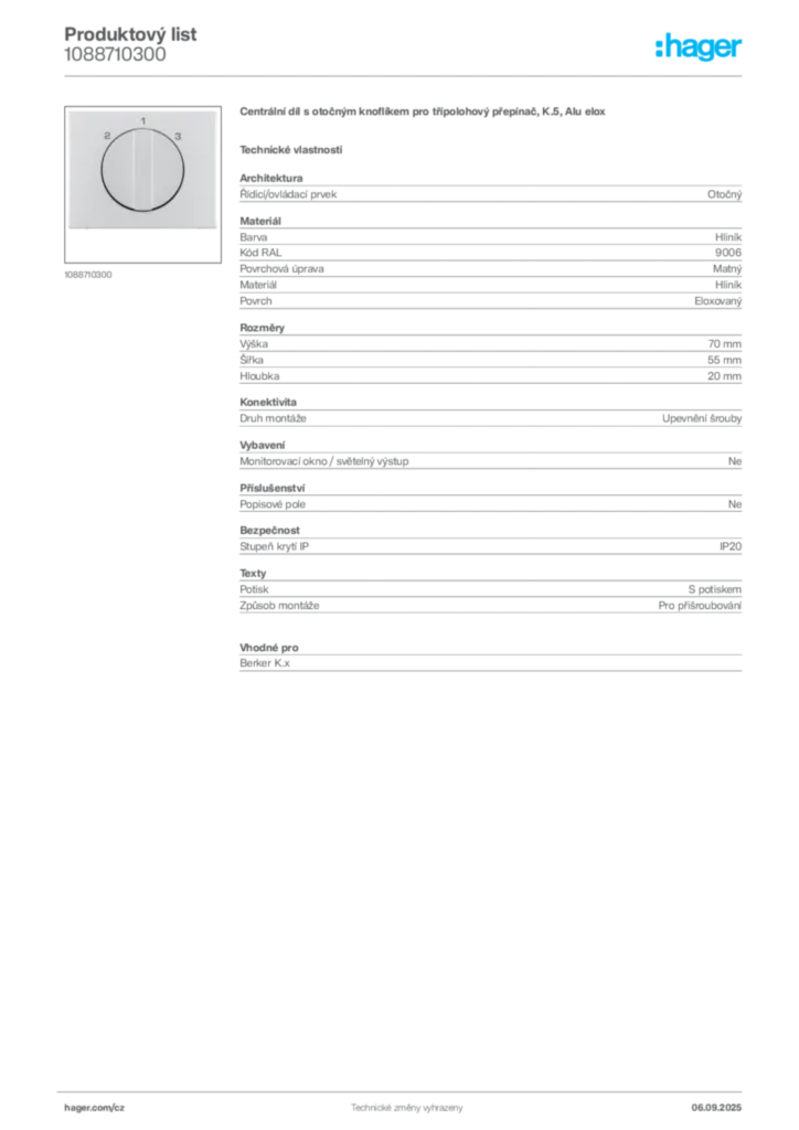 Obrázek Hager Produktový list 1088710300 | Hager