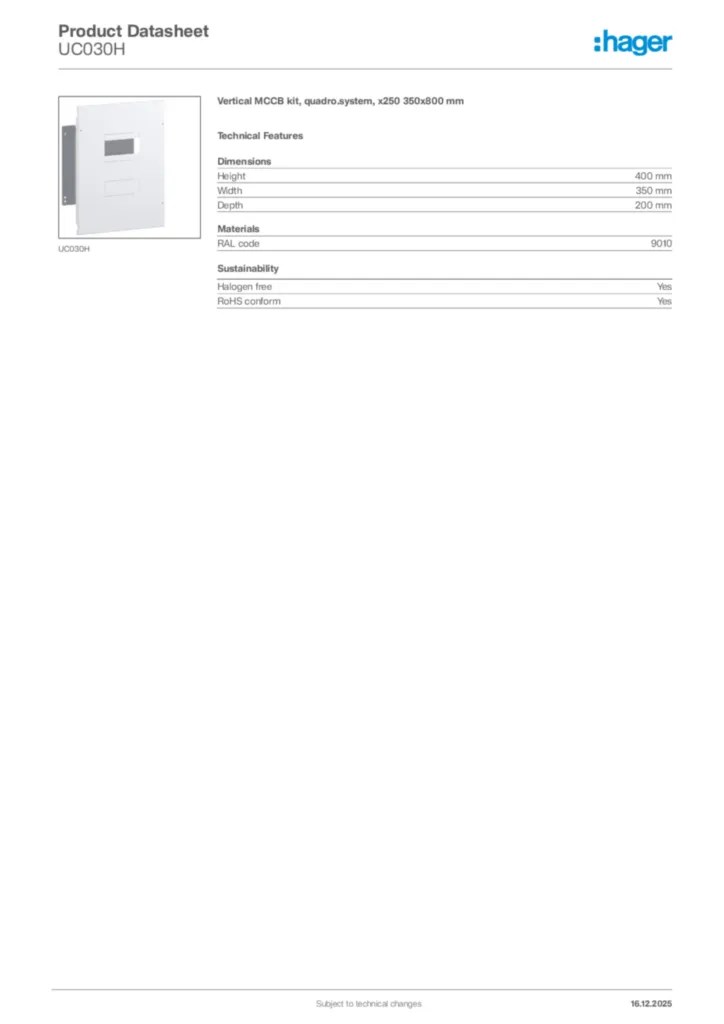 Image Hager Product data sheet UC030H  | Hager Africa