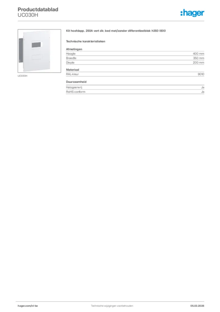 Afbeelding Hager Productdatablad UC030H | Hager Belgium