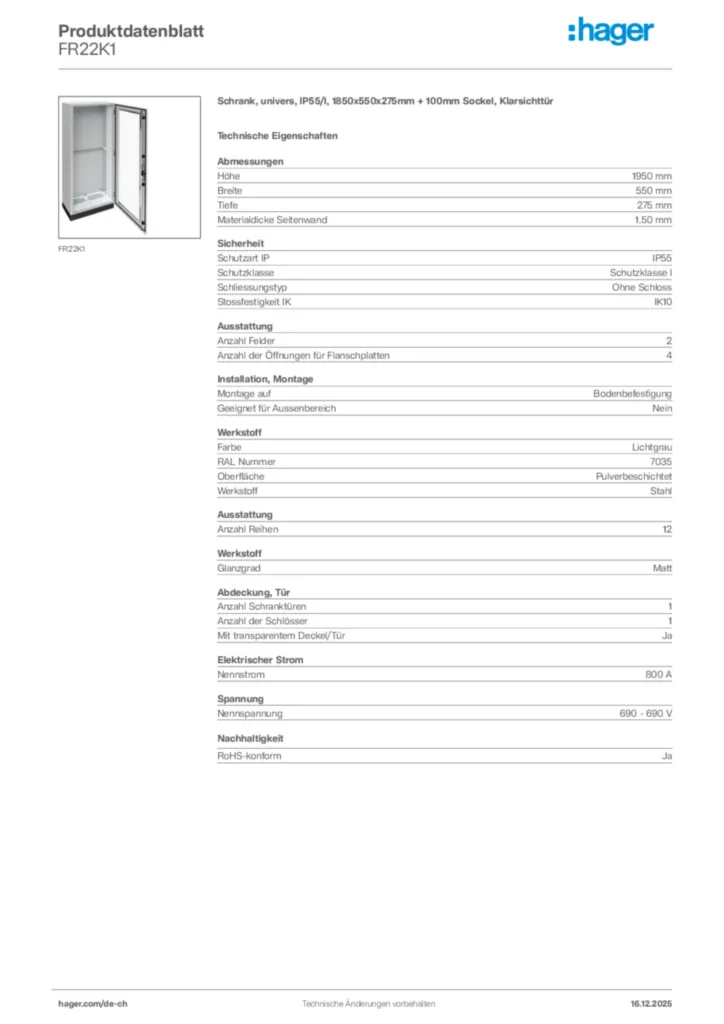 Bild Hager Produktdatenblatt FR22K1 | Hager Schweiz