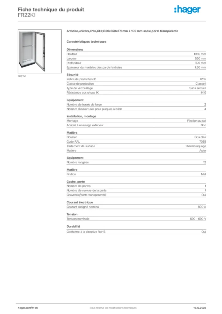 Image Hager Fiche technique du produit FR22K1 | Hager Suisse