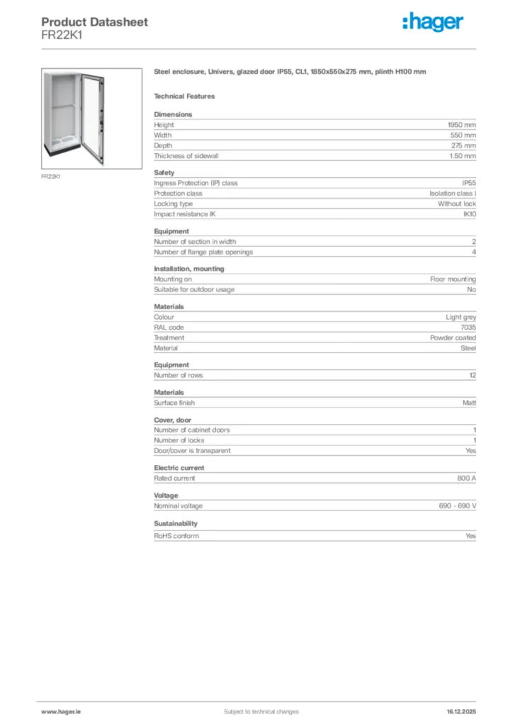Image Hager Product data sheet FR22K1  | Hager