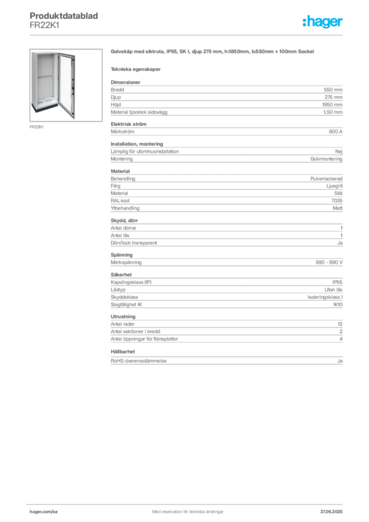 Bild Hager Produktdatablad FR22K1 | Hager Sverige