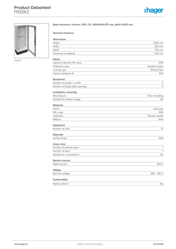 Image Hager Product data sheet FR22K2  | Hager