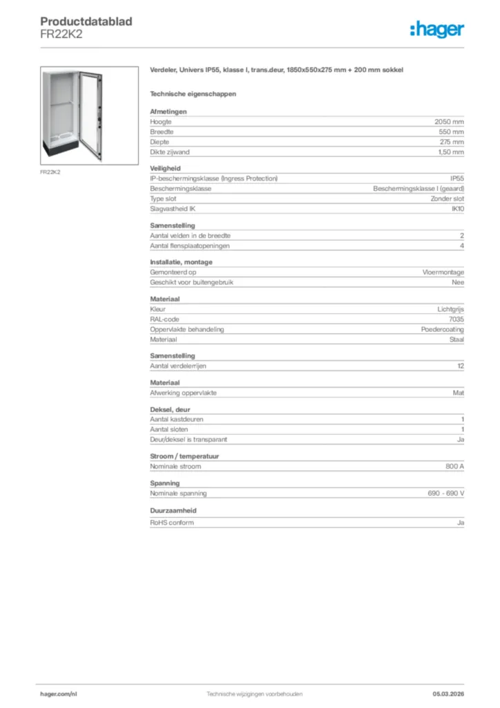 Afbeelding Hager Productdatablad FR22K2 | Hager Nederland