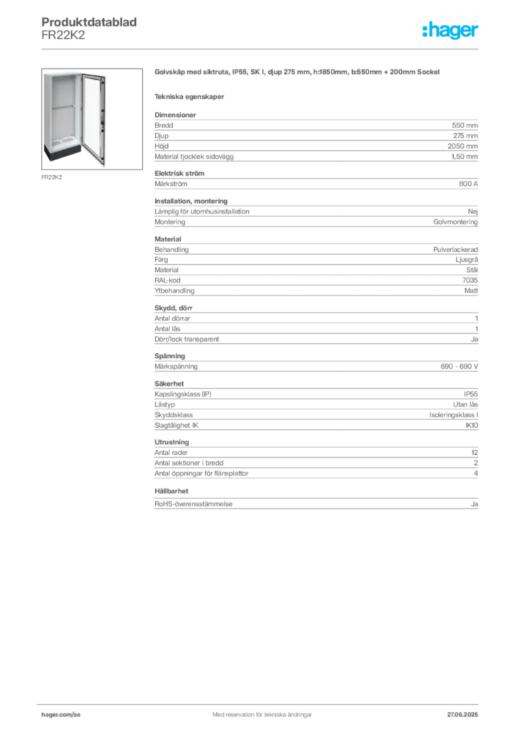 Bild Hager Produktdatablad FR22K2 | Hager Sverige