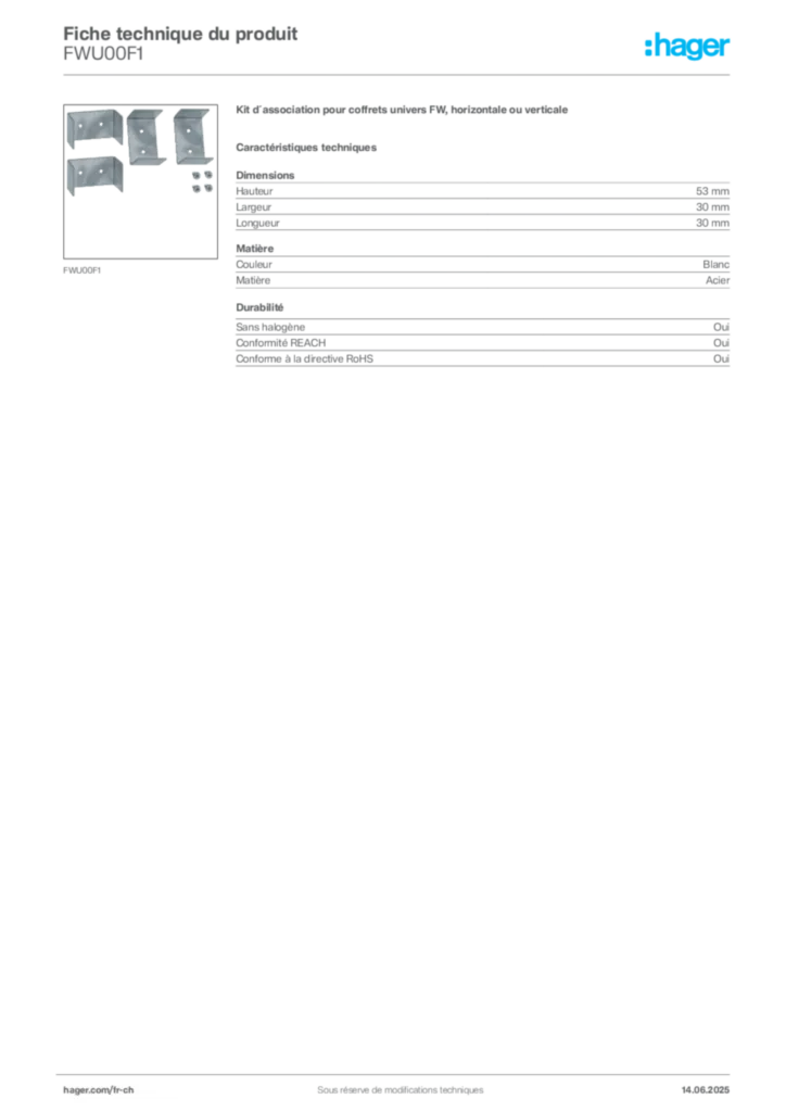 Image Hager Fiche technique du produit FWU00F1 | Hager Suisse