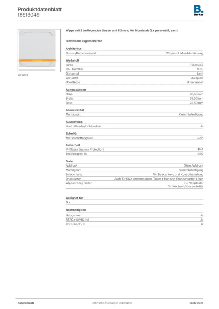 Bild Berker Produktdatenblatt 16616049 | Hager Deutschland