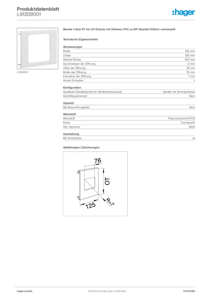 Bild Hager Produktdatenblatt L91209001 | Hager Deutschland