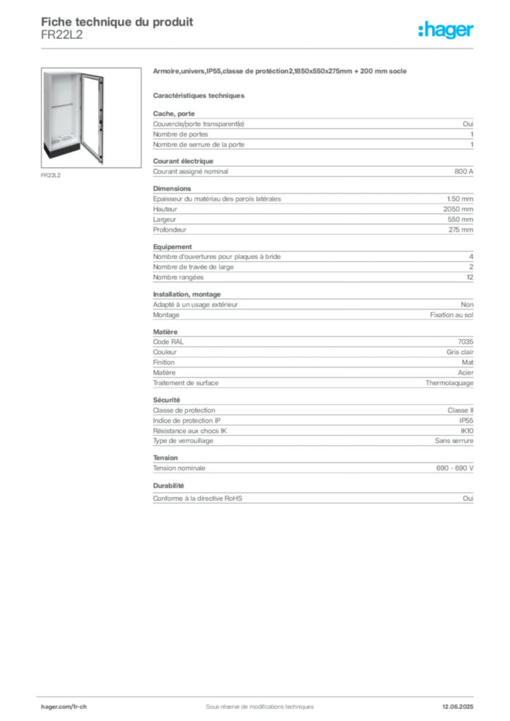 Image Hager Fiche technique du produit FR22L2 | Hager Suisse