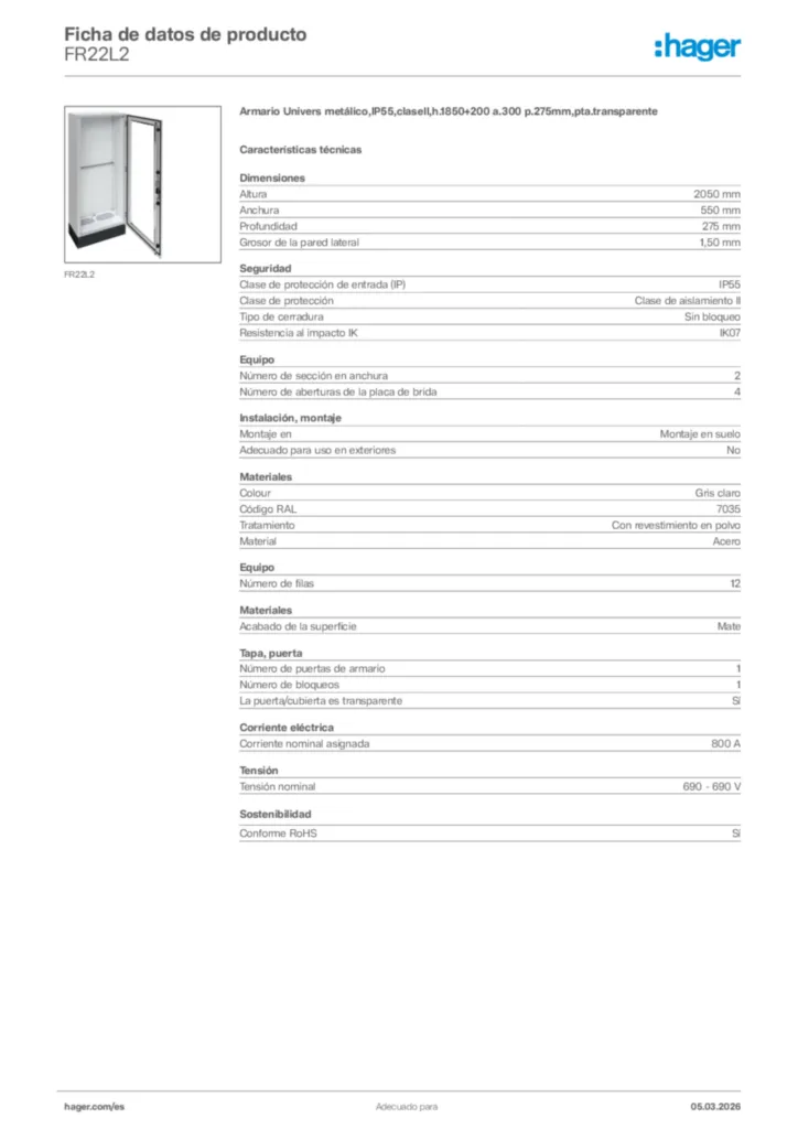 Imagen Hager Ficha de datos de producto FR22L2 | Hager España