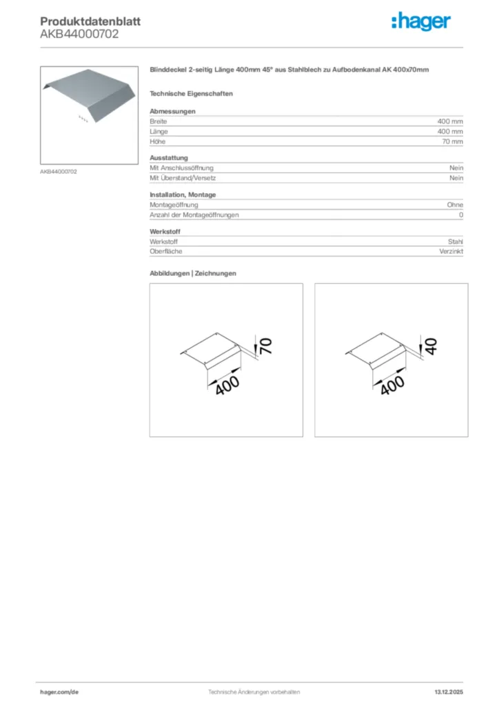 Bild Hager Produktdatenblatt AKB44000702 | Hager Deutschland