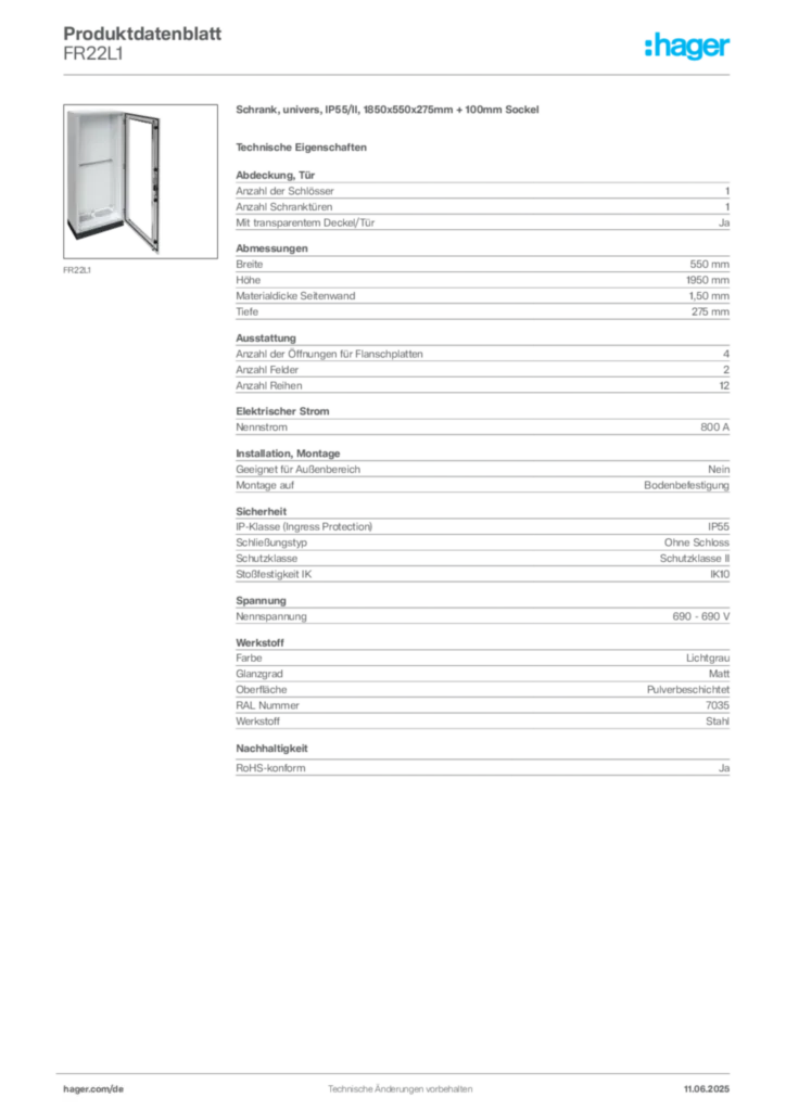 Hager Produktdatenblatt FR22L1