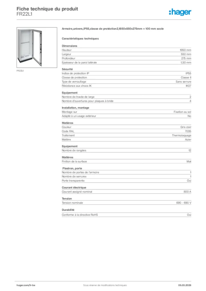 Image Hager Fiche technique du produit FR22L1 | Hager Belgique