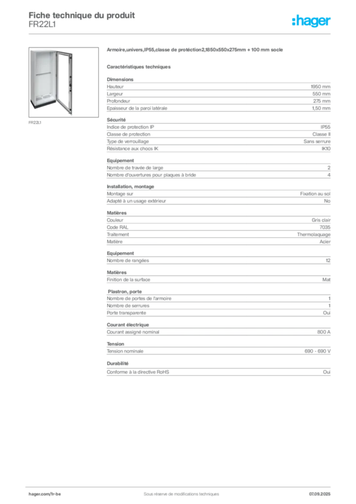 Image Hager Fiche technique du produit FR22L1 | Hager Belgique
