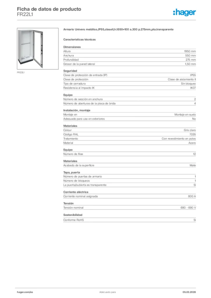 Imagen Hager Ficha de datos de producto FR22L1 | Hager España