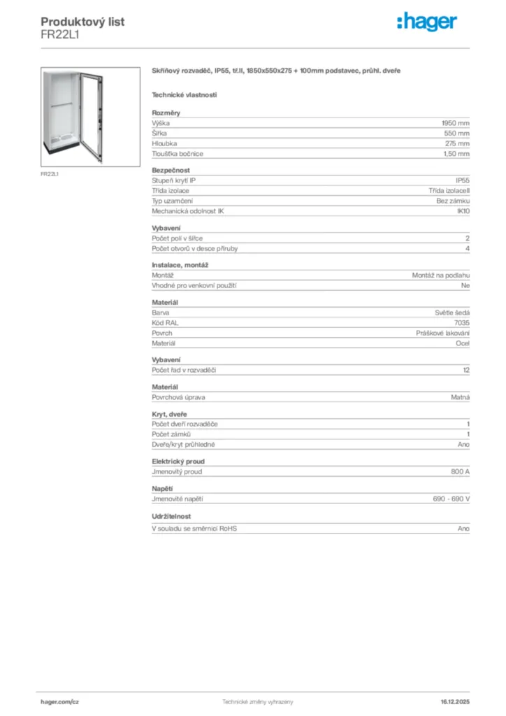 Obrázek Hager Produktový list FR22L1 | Hager