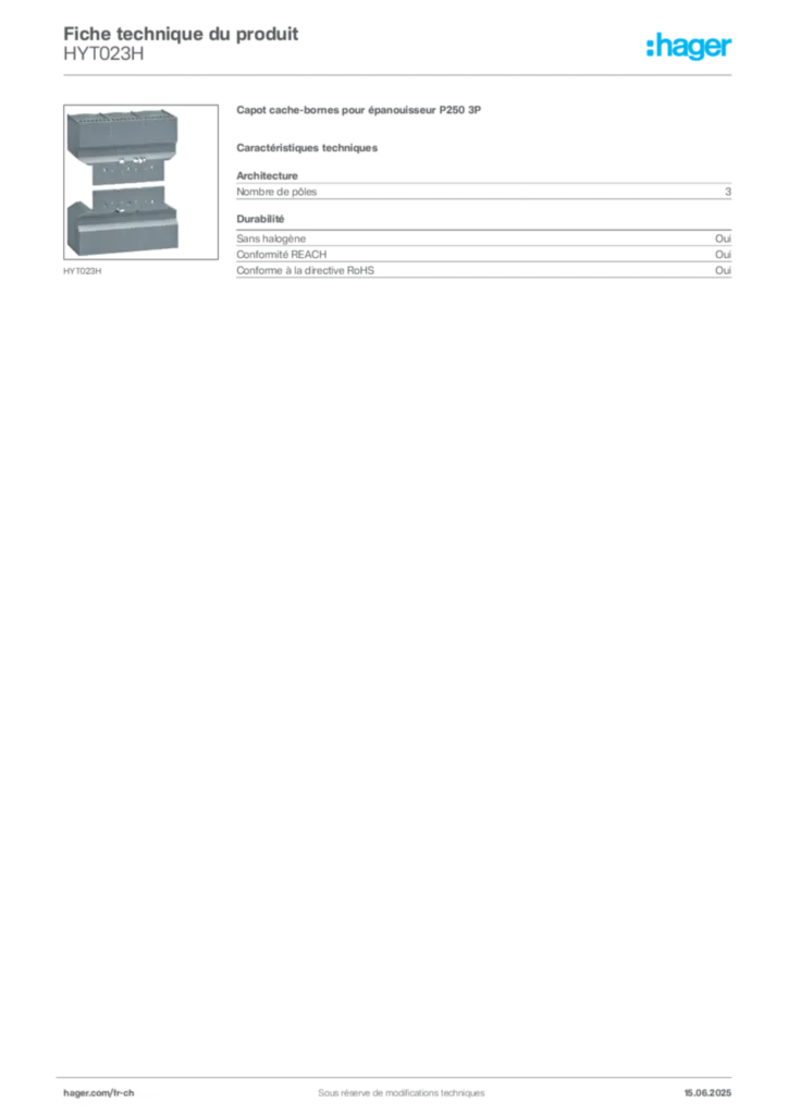 Image Hager Fiche technique du produit HYT023H | Hager Suisse