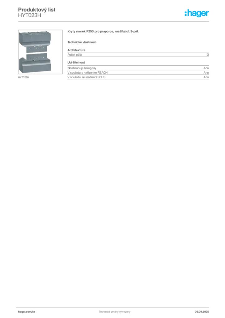 Obrázek Hager Produktový list HYT023H | Hager