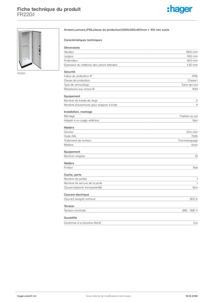 Image Hager Fiche technique du produit FR22G1 | Hager Suisse