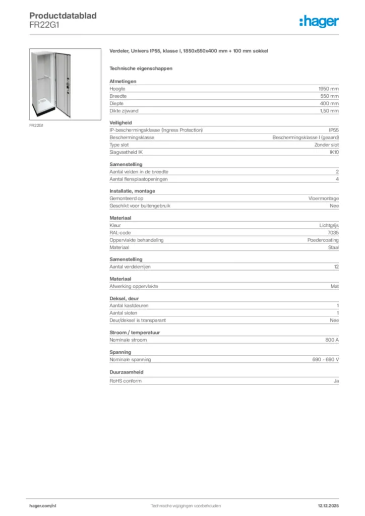 Afbeelding Hager Productdatablad FR22G1 | Hager Nederland