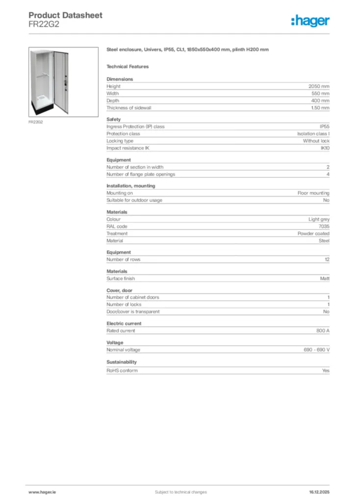 Image Hager Product data sheet FR22G2  | Hager