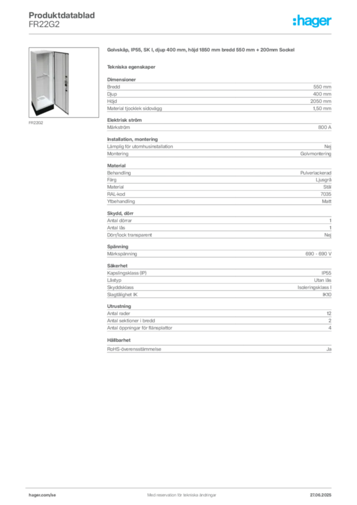 Bild Hager Produktdatablad FR22G2 | Hager Sverige