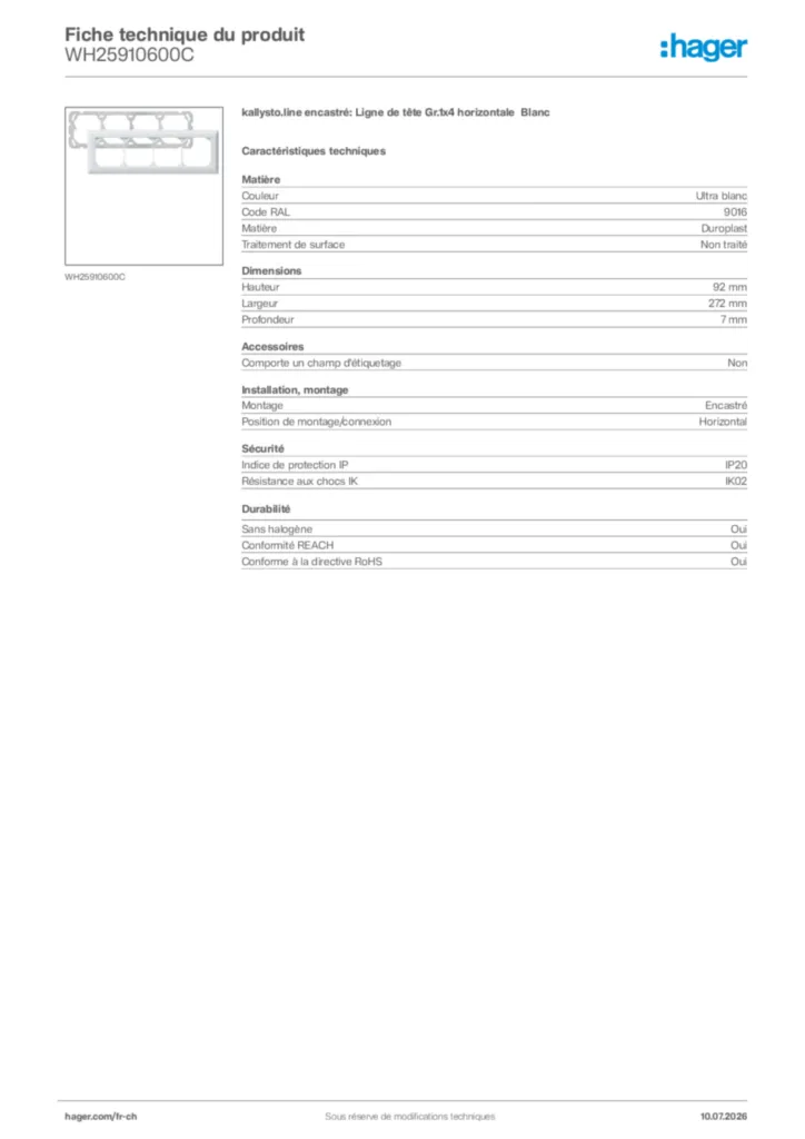 Image Hager Fiche technique du produit WH25910600C | Hager Suisse